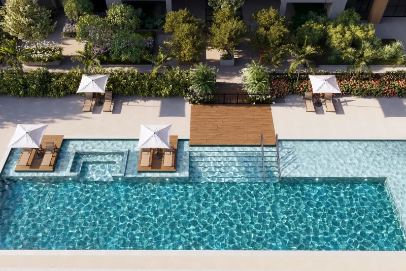 Piscina com deck e área de descanso para lazer