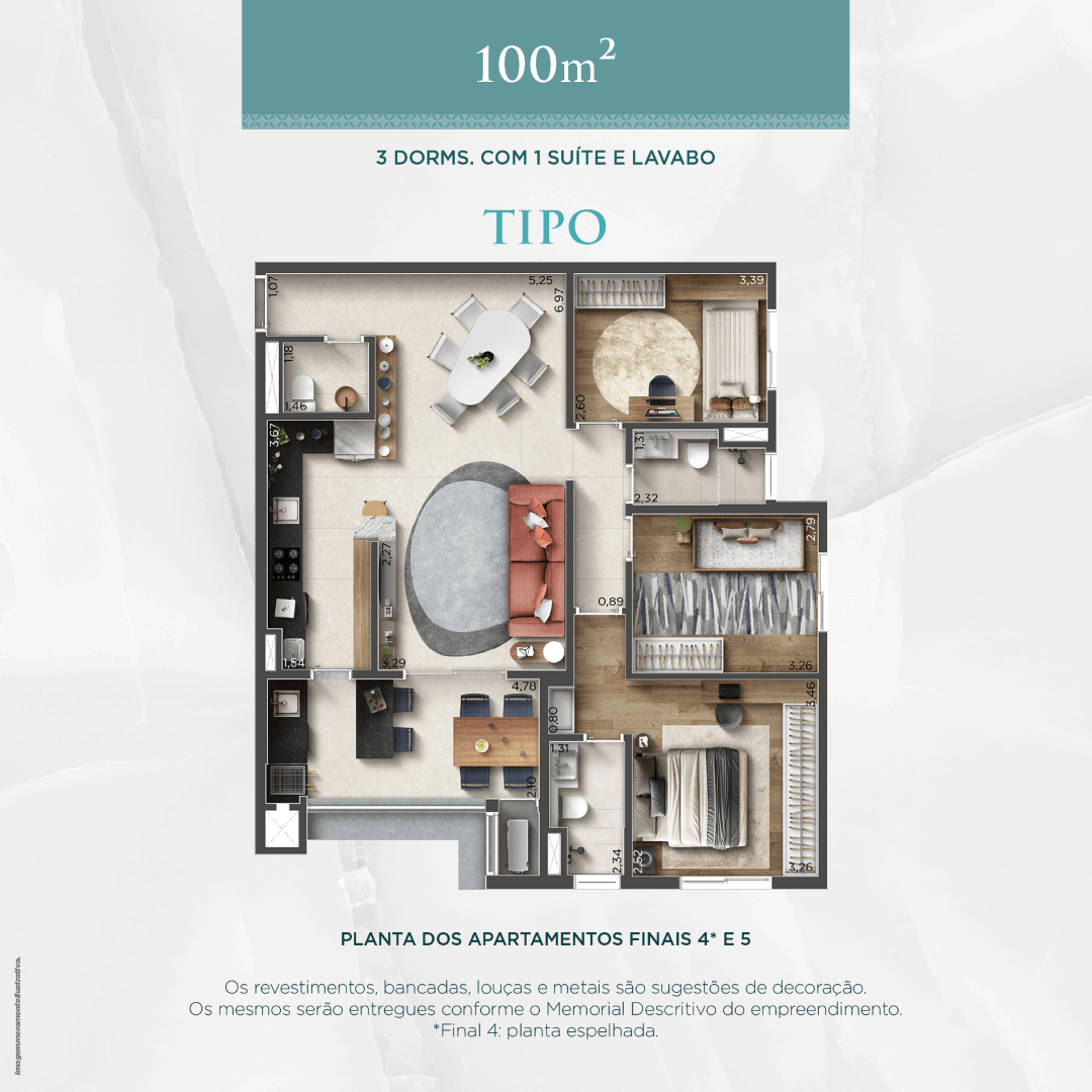 Planta do apartamento de 100 metros quadrados