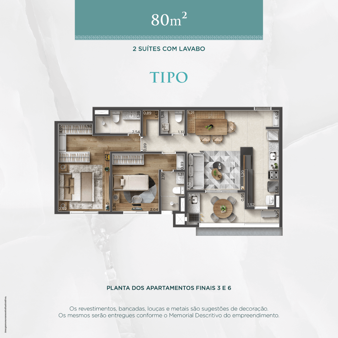 Planta do apartamento de 80 metros quadrados